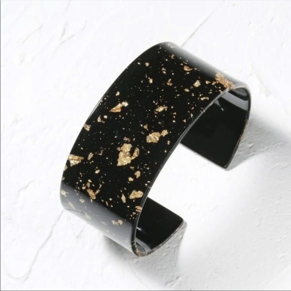 Acrylic cuff bracelet resin gold leaf black retro - Picture 2 of 9
